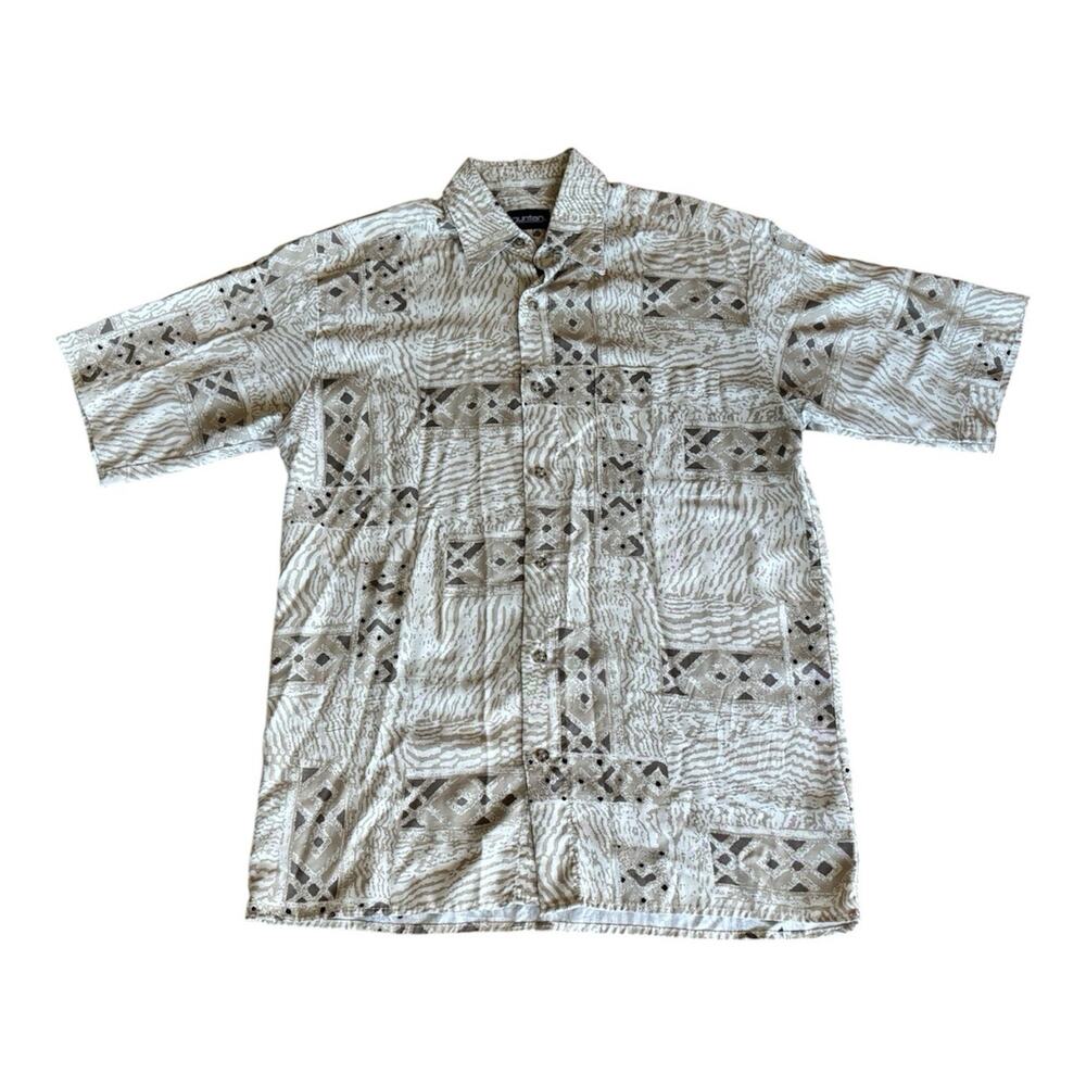 VTG Men’s 90s Puritan Geometric Tribal Aztec Camp Shirt Tan Brown Sz S